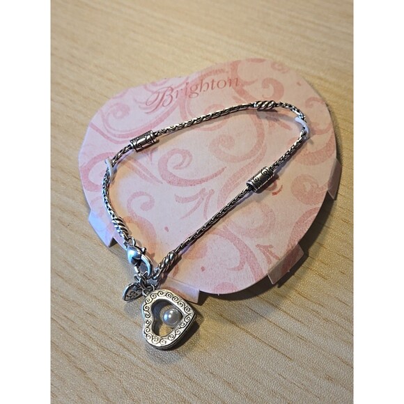 Brighton Sorority Row Scroll Heart Faux Pearl Charm Silver Chain 8" Bracelet New - Picture 5 of 6